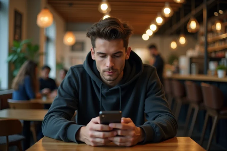 Homme consultant son smartphone discrètement dans un café pour accéder à un site web sur mobile