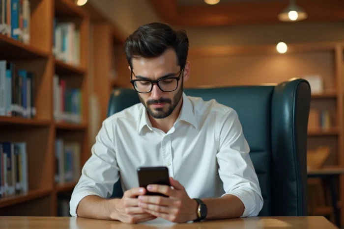 Homme accédant discrètement à un site sur son mobile dans une bibliothèque publique