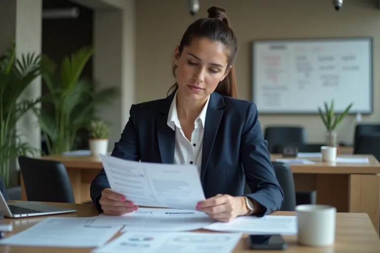 Entrepreneuse en blazer marine analysant des documents d'affaires dans un espace de coworking moderne