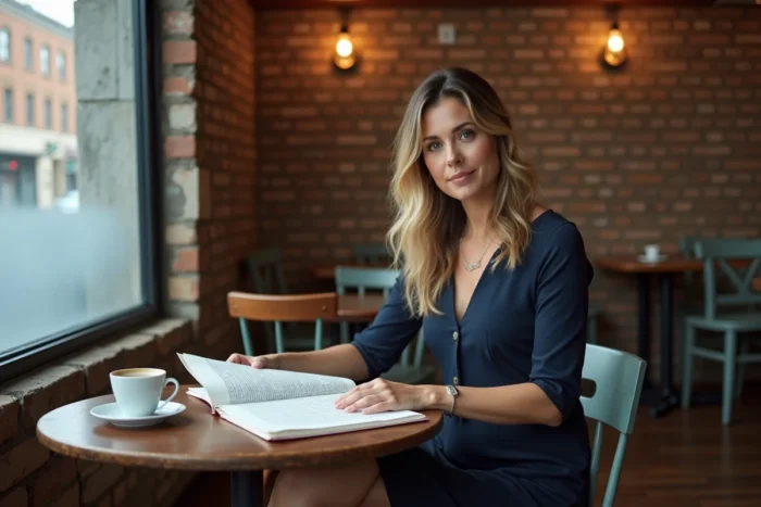 Actrice lisant un scénario dans un café vintage avec des murs en briques, illustrant la passion et la dévotion au métier d'actrice