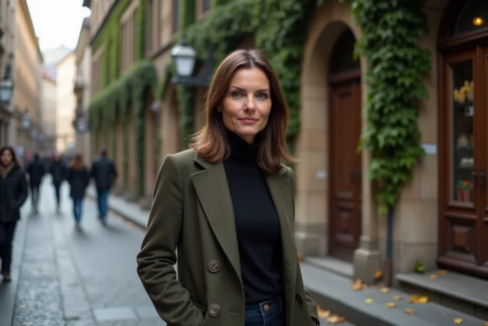 Femme actrice posant dans une rue pavée européenne devant une façade en pierre ancienne, reflet d'un parcours international