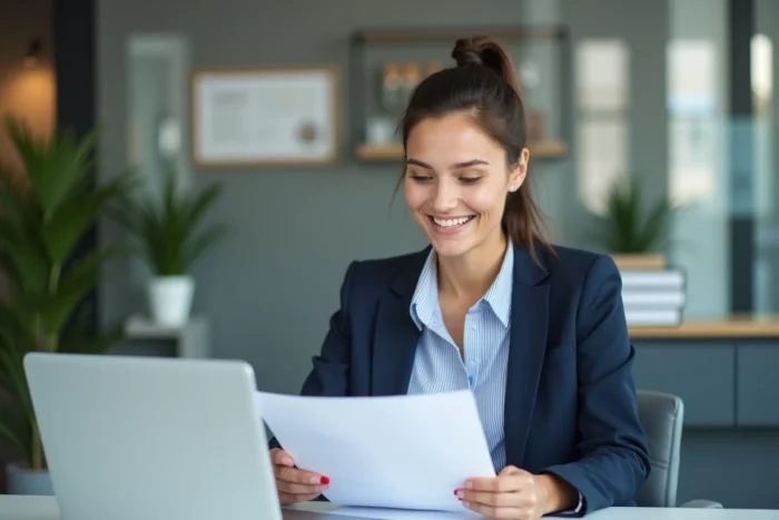 Conseillère d'une agence de babysitting professionnelle consultant un dossier dans ses bureaux modernes