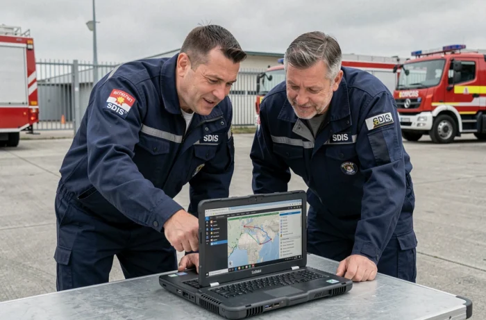 Deux agents SDIS 61 consultant l'interface Artemis sur ordinateur portable lors d'une réunion opérationnelle en cour de caserne