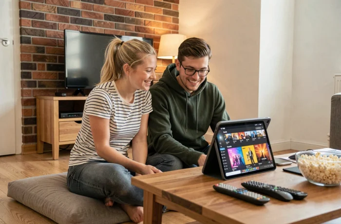 Deux amis regardant du contenu en streaming sur une tablette dans un appartement