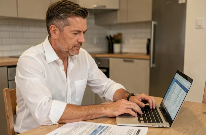Investisseur immobilier étudiant un contrat de prêt et des données financières dans un appartement rénové