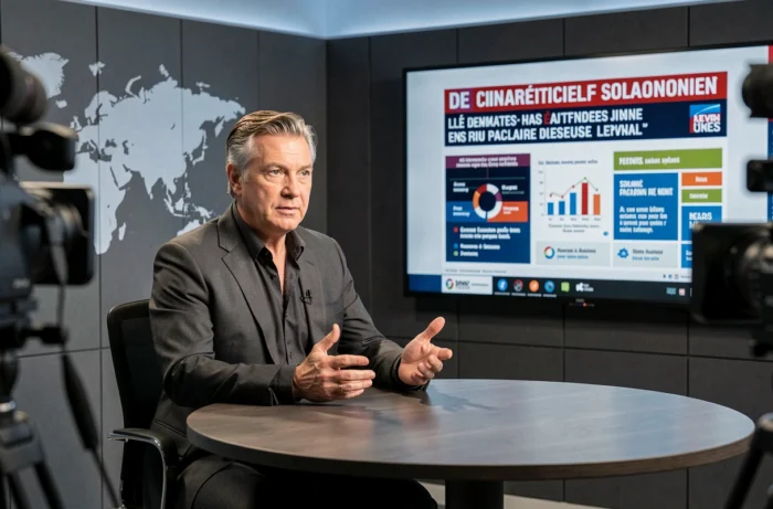 Analyste politique commentant l'actualité française dans un studio de télévision
