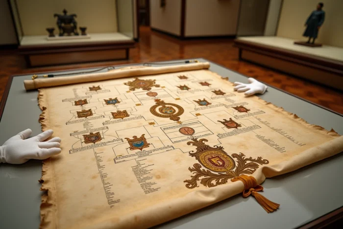Arbre généalogique royal français sur parchemin ancien exposé dans une salle de conservation muséale