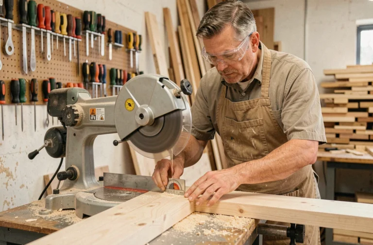 Artisan utilisant une scie radiale pour effectuer une coupe en onglet précise sur une planche de bois dans un atelier de menuiserie