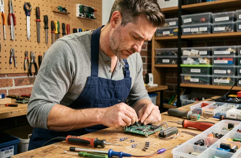Homme assemblant un circuit électronique dans un atelier de bricolage moderne et bien organisé
