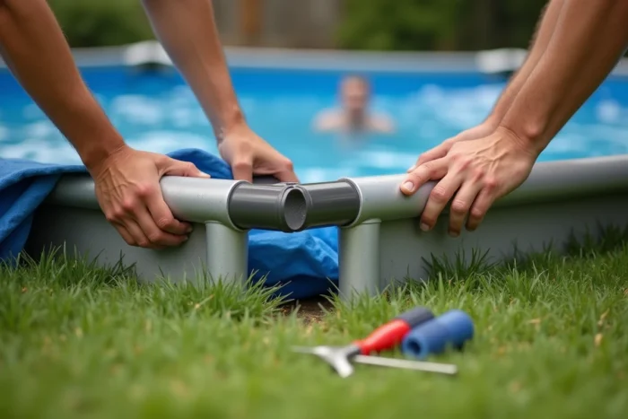 Assemblage des tubes métalliques et connecteurs de la piscine Intex 58983 lors de l'installation dans le jardin