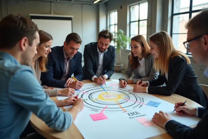 Groupe de professionnels collaborant sur un atelier de conduite du changement avec la méthode ADKAR