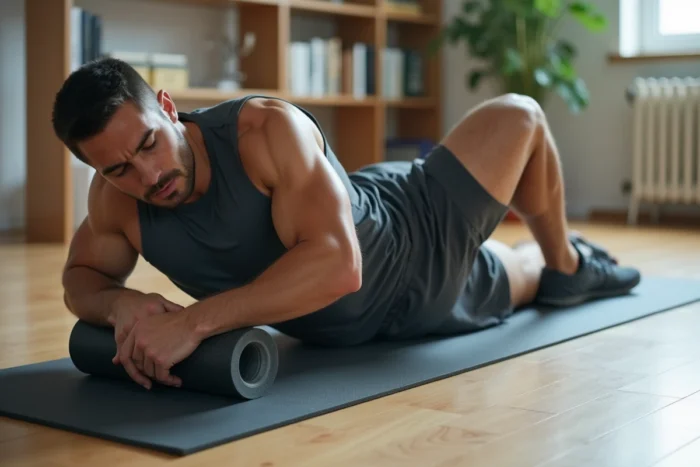 Athlète masculin pratiquant l'automassage au rouleau en mousse sur les ischio-jambiers sur un tapis de yoga à domicile