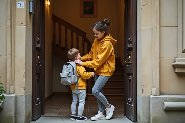 Baby-sitter aidant un enfant à préparer son sac près de l'entrée d'un immeuble typique de Besançon