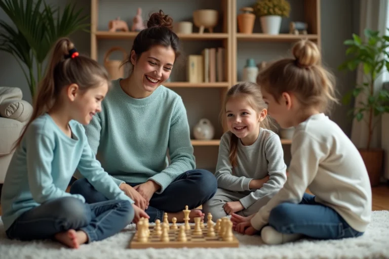 Jeune baby-sitter jouant à un jeu de société avec des enfants dans un salon familial chaleureux à Besançon