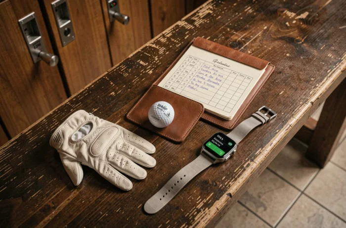 Balle de golf avec GPS intégré posée sur un banc de vestiaire aux côtés d'une montre connectée et d'un carnet de score
