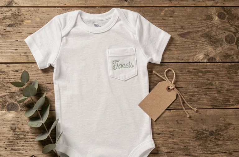 Body bébé blanc personnalisé avec initiales brodées en vert sauge posé à plat sur bois rustique avec étiquette cadeau et eucalyptus