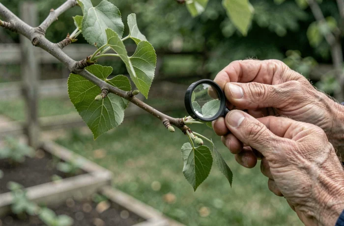 Gros plan de mains inspectant une branche de mûrier platane sans fructification