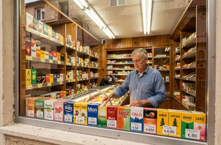Devanture d'un bureau de tabac à Irun avec des paquets de cigarettes exposés et leurs prix en euros affichés sur les étiquettes