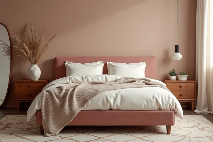 Chambre mid-century modern avec lit en bouclé rose, literie blanche et murs en badigeon dans une ambiance déco sophistiquée