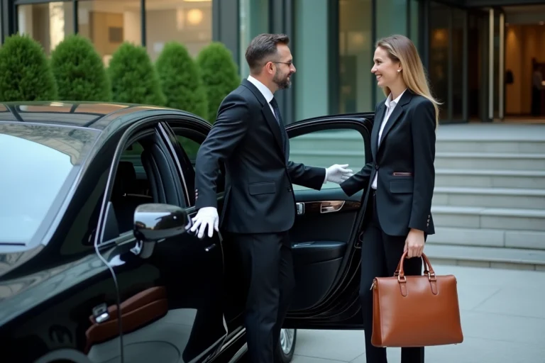 Chauffeur professionnel en costume noir ouvrant la porte d'une berline de luxe pour une femme d'affaires devant un immeuble moderne