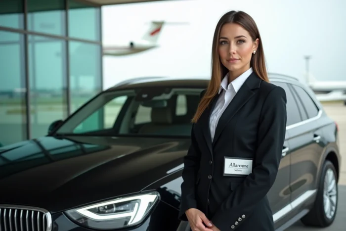 Chauffeuse professionnelle en uniforme tenant un panneau d'accueil devant un SUV noir à l'entrée d'un terminal d'aviation privée