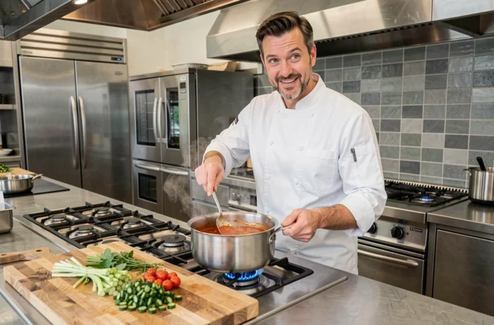 Chef en veste blanche remuant une sauce mijotée dans une cuisine moderne équipée, évoquant les recettes tendance partagées sur Cuisine Gratuite