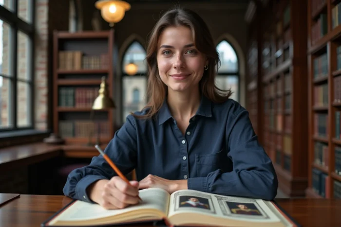 Jeune chercheuse étudiant les dynasties royales françaises dans une bibliothèque universitaire