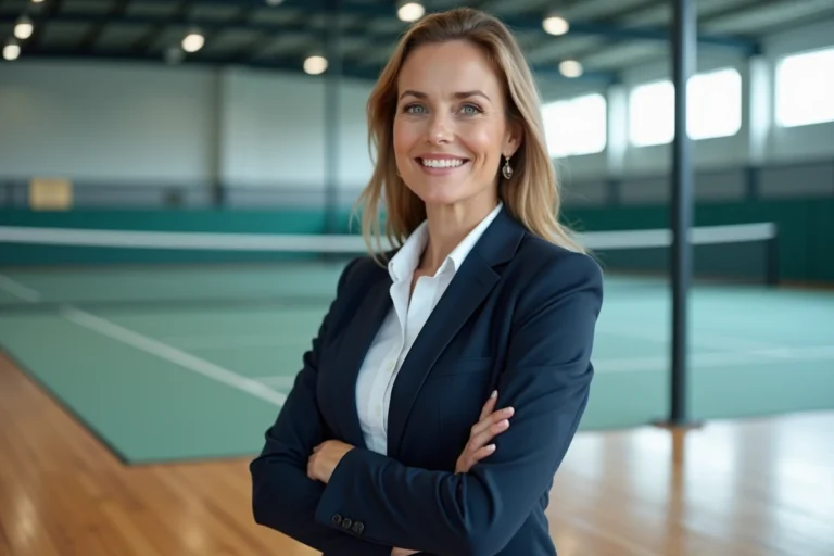 Portrait professionnel de Claire-Anne Callens dans une salle de sport indoor, illustrant son parcours de joueuse de tennis belge accomplie