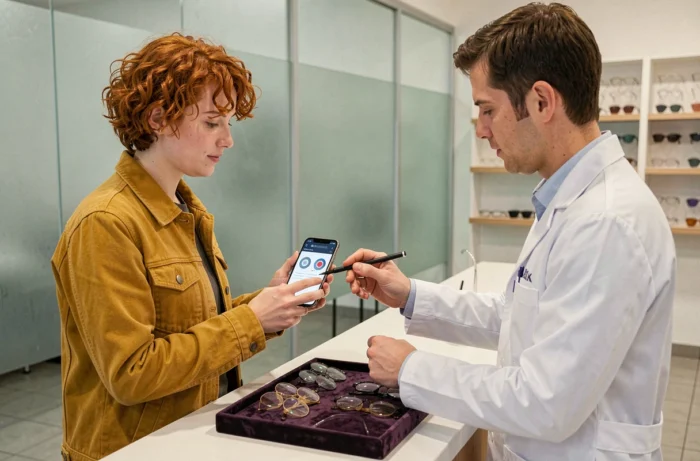 Client montrant un comparateur d'épaisseur de verres sur smartphone à un opticien au comptoir d'un magasin de lunettes