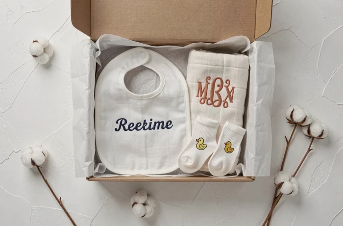 Coffret cadeau naissance personnalisé contenant bavoir brodé lange monogrammé et chaussettes bébé en coton présenté dans une boîte kraft