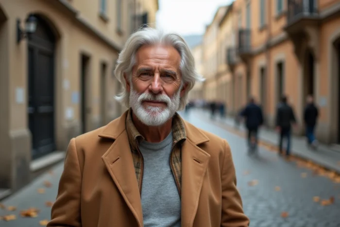 Homme aux cheveux blancs ondulés et barbe argentée dans une rue pavée européenne en automne, portant un manteau camel élégant