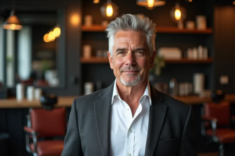 Homme aux cheveux blancs et gris élégamment coiffés dans un salon de coiffure moderne, portant un blazer anthracite