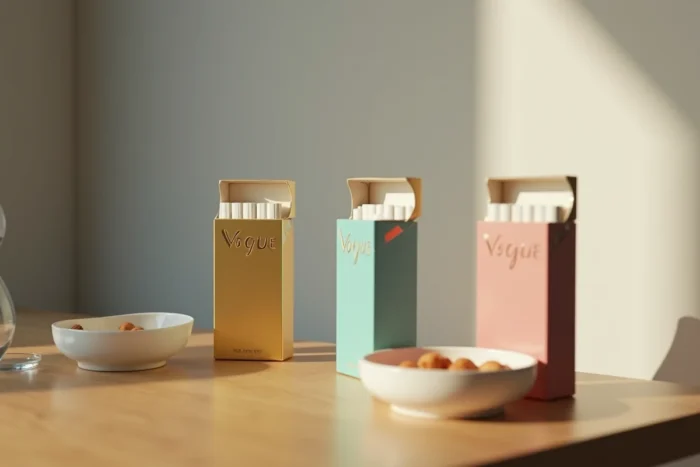 Trois paquets ouverts de cigarettes Vogue aux couleurs or, bleu-vert et rose alignés sur une surface en bois clair dans un intérieur moderne
