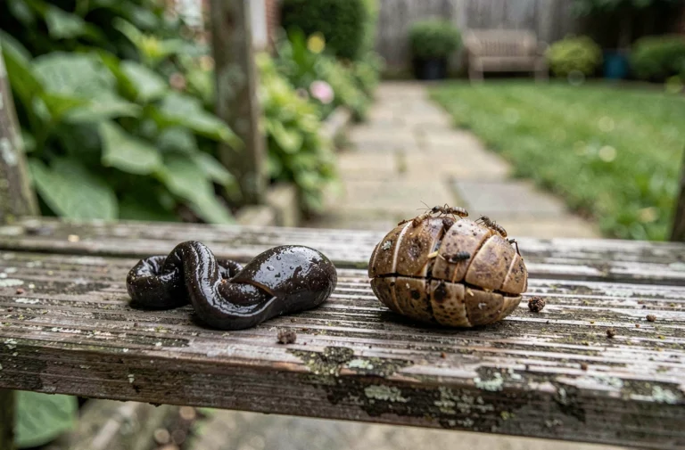 Comparaison en gros plan de crottes de crapaud et de hérisson posées côte à côte sur un banc en bois de jardin