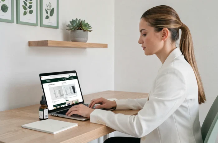 Femme comparant des produits de soin sur ordinateur portable à un bureau minimaliste, avec un carnet de notes et une bouteille de sérum à portée de main