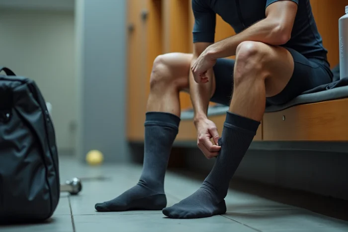 Cycliste masculin enfilant des chaussettes de compression graduée sur ses mollets dans un vestiaire après l'entraînement