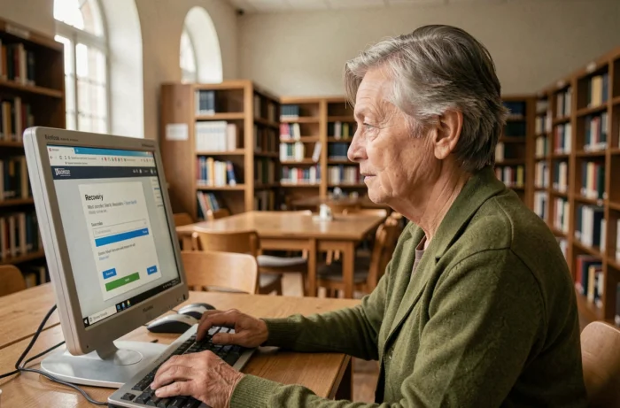 Personne d'âge mûr utilisant un ordinateur en bibliothèque publique pour récupérer un compte sur un portail municipal