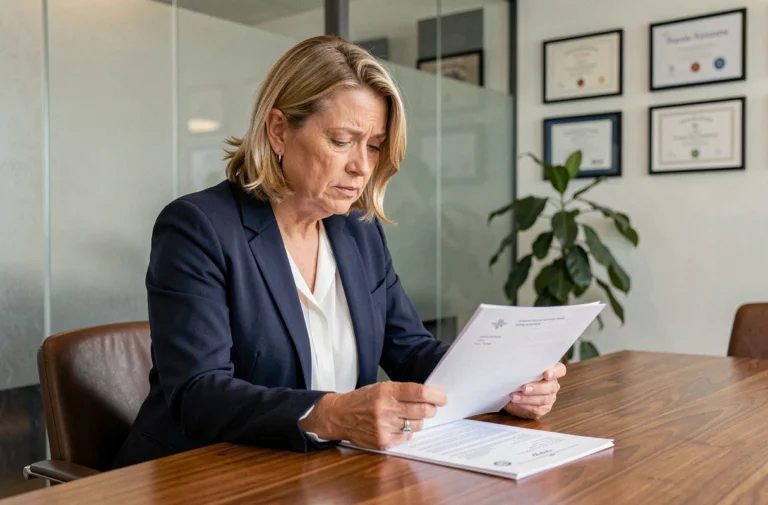 Femme d'affaires belge consultant des documents bancaires confidentiels dans un bureau privé à Bruxelles