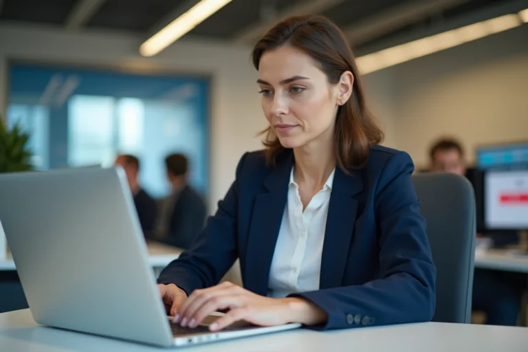 Femme militaire en civil connectée sur un portail MinDef Connect sur ordinateur portable dans un bureau administratif