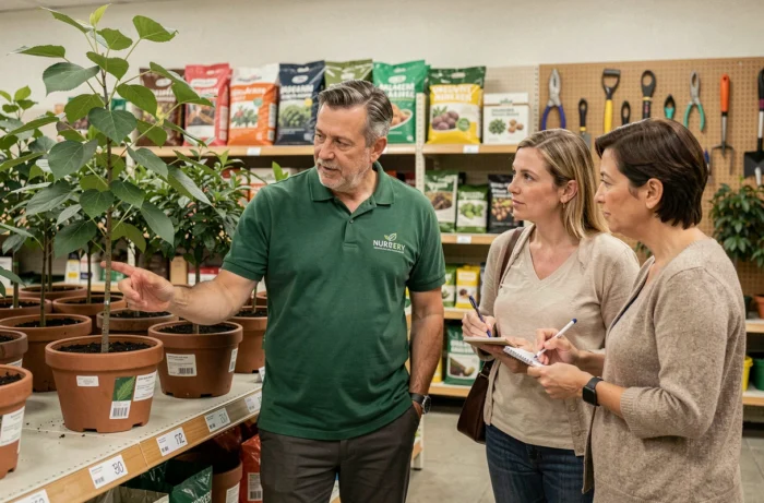 Horticulteur conseillant un couple sur la fructification d'un mûrier platane en pépinière