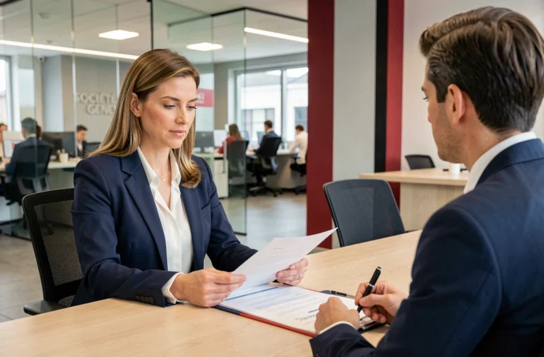 Une femme consulte un conseiller bancaire dans une agence Société Générale moderne pour découvrir les services financiers aux particuliers