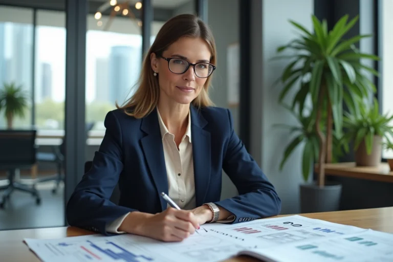 Conseillère financière spécialisée en immobilier analysant des documents de projet dans un bureau moderne