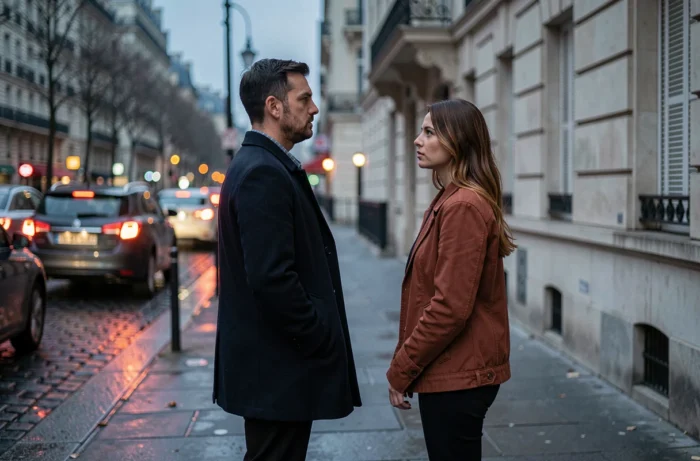 Couple en tension sur un trottoir parisien sous la pluie, illustrant une possible rupture ou pause dans leur relation amoureuse