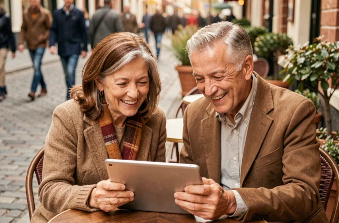 Couple de mannequins seniors riant ensemble devant une tablette numérique lors d'un shooting lifestyle en terrasse