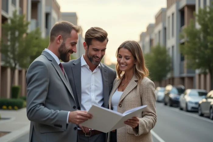 Couple discutant d'un projet immobilier avec un agent spécialisé devant un immeuble résidentiel neuf
