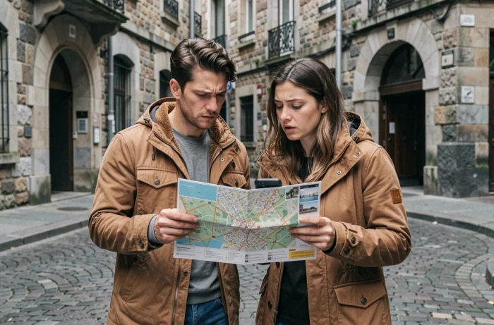 Couple étudiant un quartier de Lyon avant d'acheter un bien immobilier