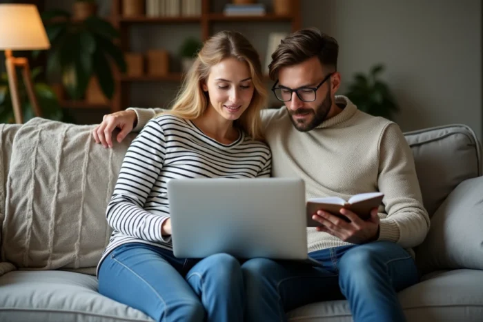 Couple searching for real estate together on a laptop in their living room