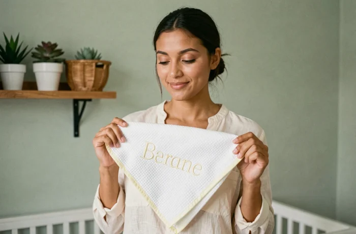 Jeune femme tenant une couverture bébé personnalisée avec prénom brodé dans une chambre de bébé décorée en tons naturels