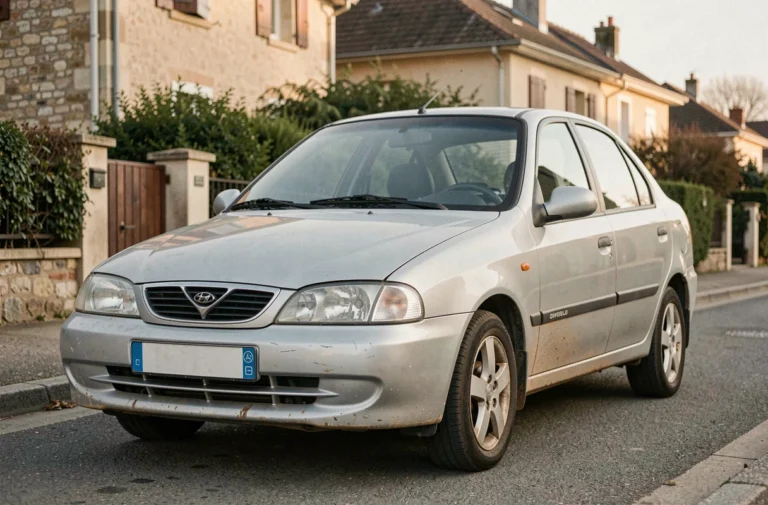 Voiture Daewoo Lanos argentée garée dans une rue résidentielle française, vue trois-quarts avant avec détails de carrosserie réalistes