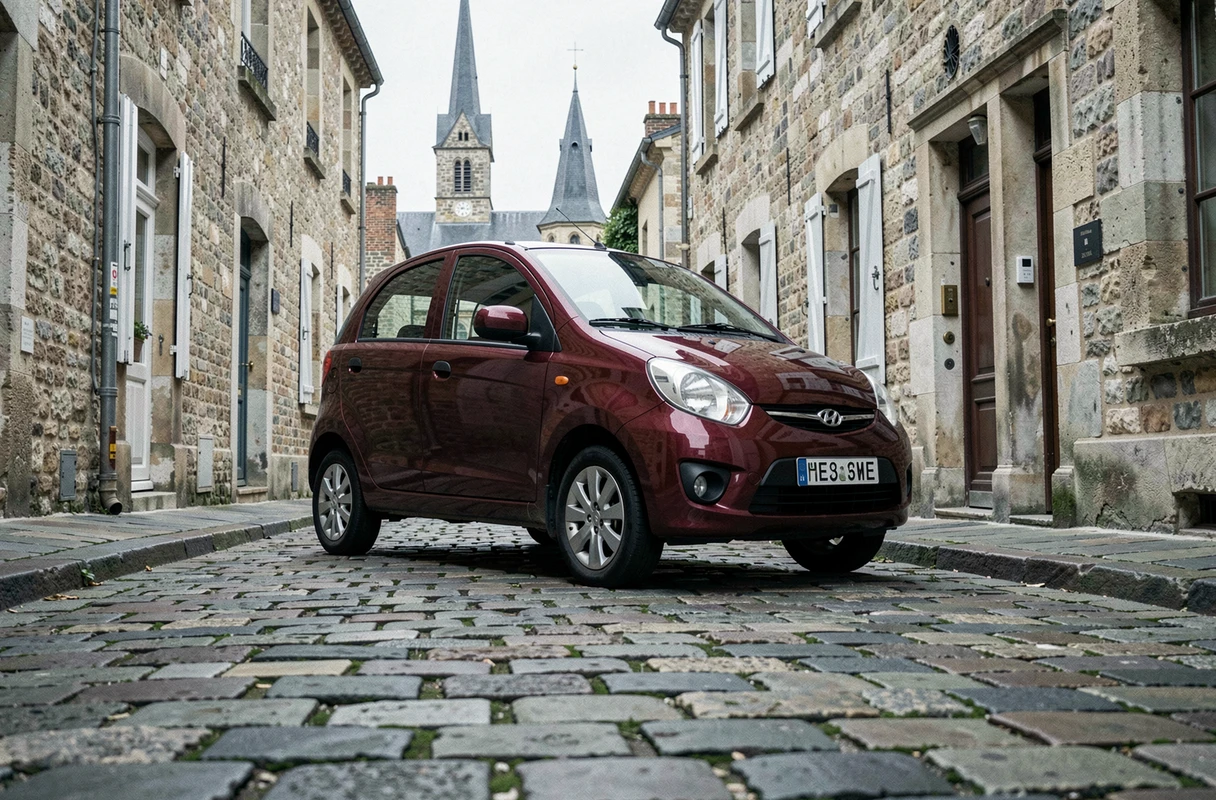 Pequeno carro Daewoo Matiz bordô circulando em uma rua pavimentada de uma cidade de província francesa